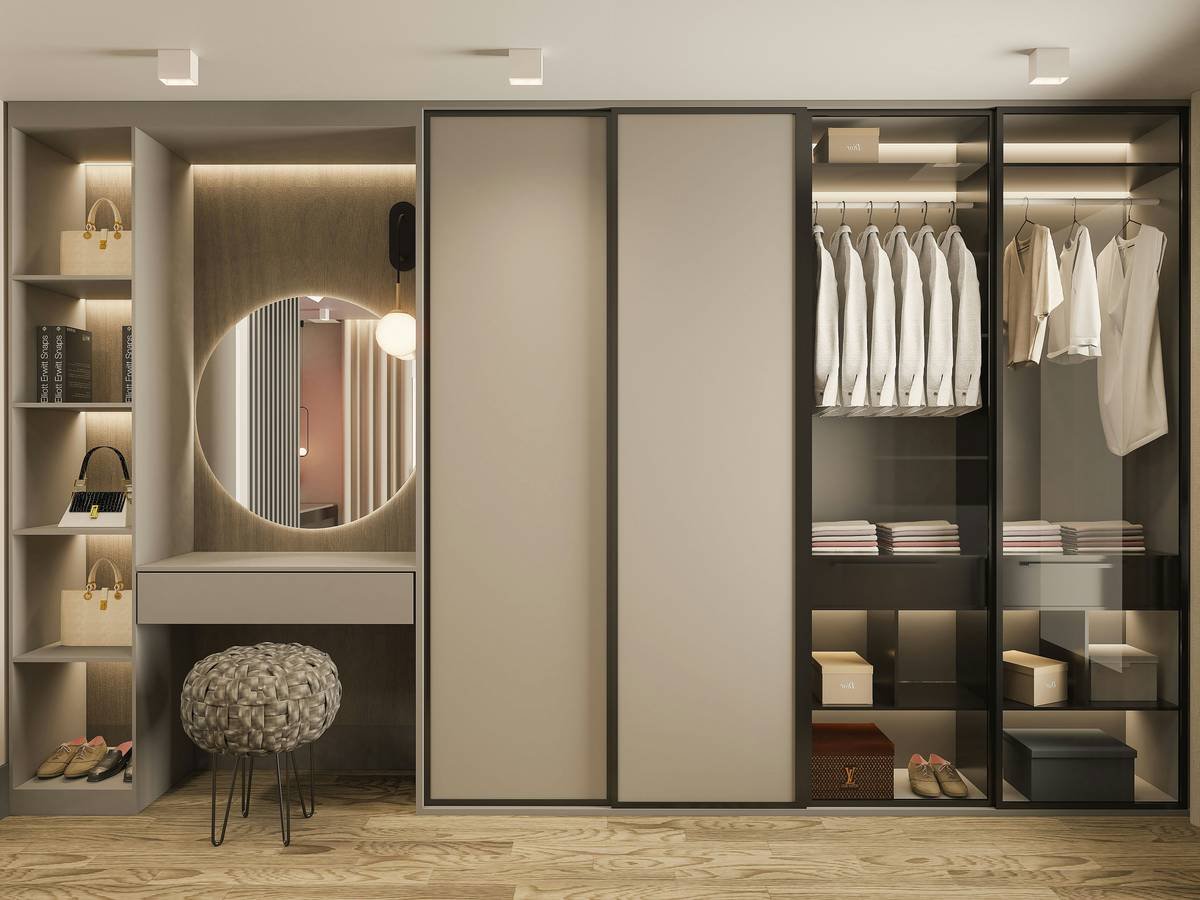 Before-and-after photos of Lena's closet: chaotic overflowing racks vs. minimalist, organized shelves with labeled bins and visible Bloomingdale's shopping bags repurposed as storage